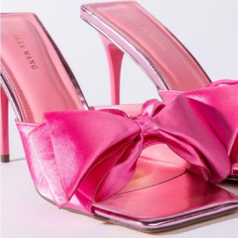 Azalea Wang Pretty in Pink Satin Bow Stiletto High Heel Mule Sandals - Picture 5 of 5